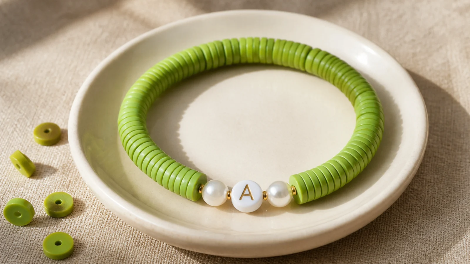 A bright green clay bead bracelet with a white monogram letter bead flanked by two small pearls.