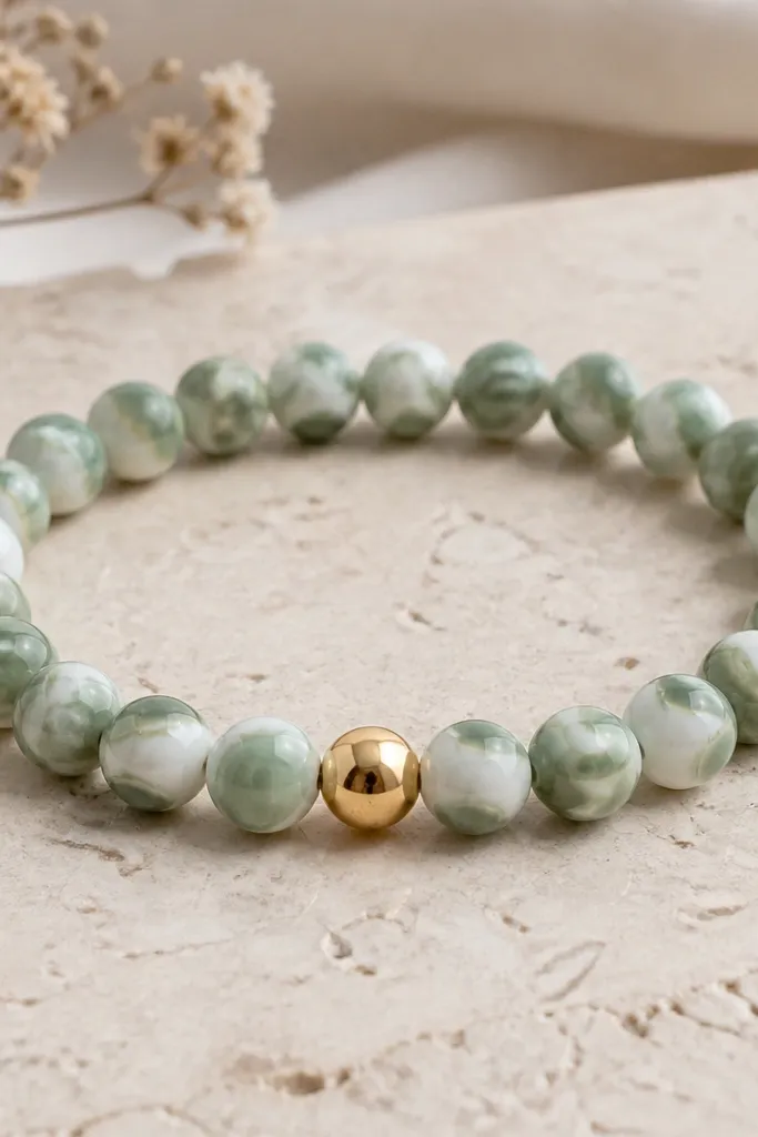 A delicate bracelet with marbled sage-green and white beads, plus one round gold-toned bead in the center; the rest is on clear elastic.