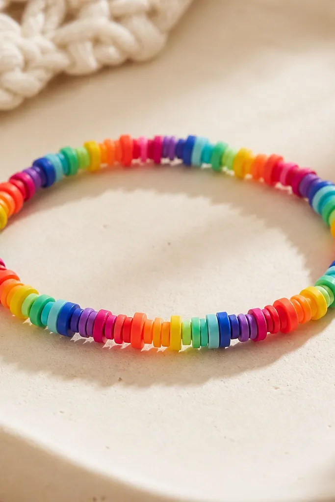 A bright bracelet with tiny flat disc beads in rainbow colors; the discs alternate between slightly larger and smaller sizes, creating a rhythmic pattern.
