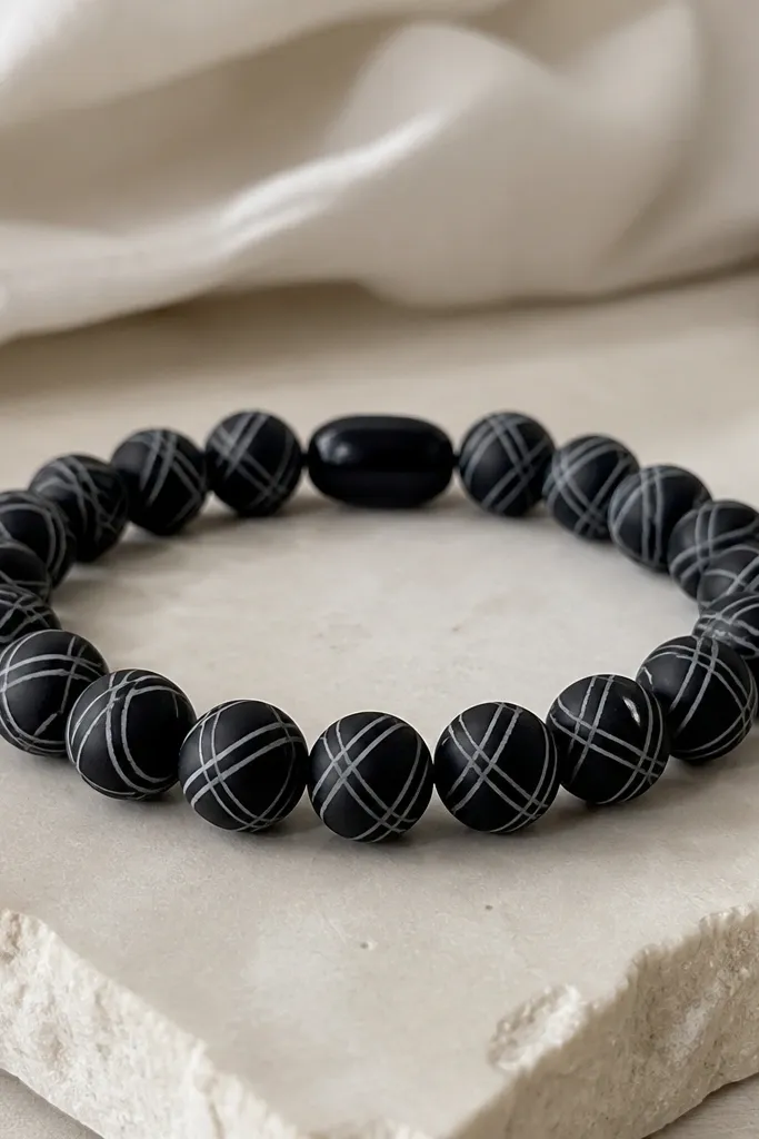 A bracelet of matte black beads with thin white line scribbles running diagonally across each bead; finished with a small black clasp bead.