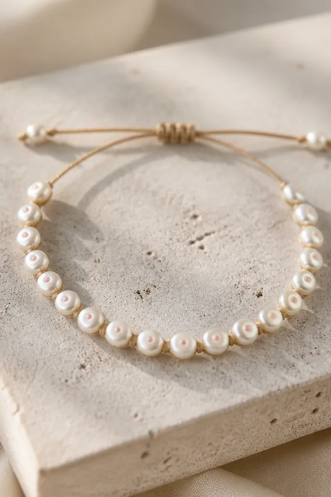 A neutral bracelet with pearly off-white beads that catch light softly, each bead has a tiny blush-pink dot at the center; strung on thin tan cord.
