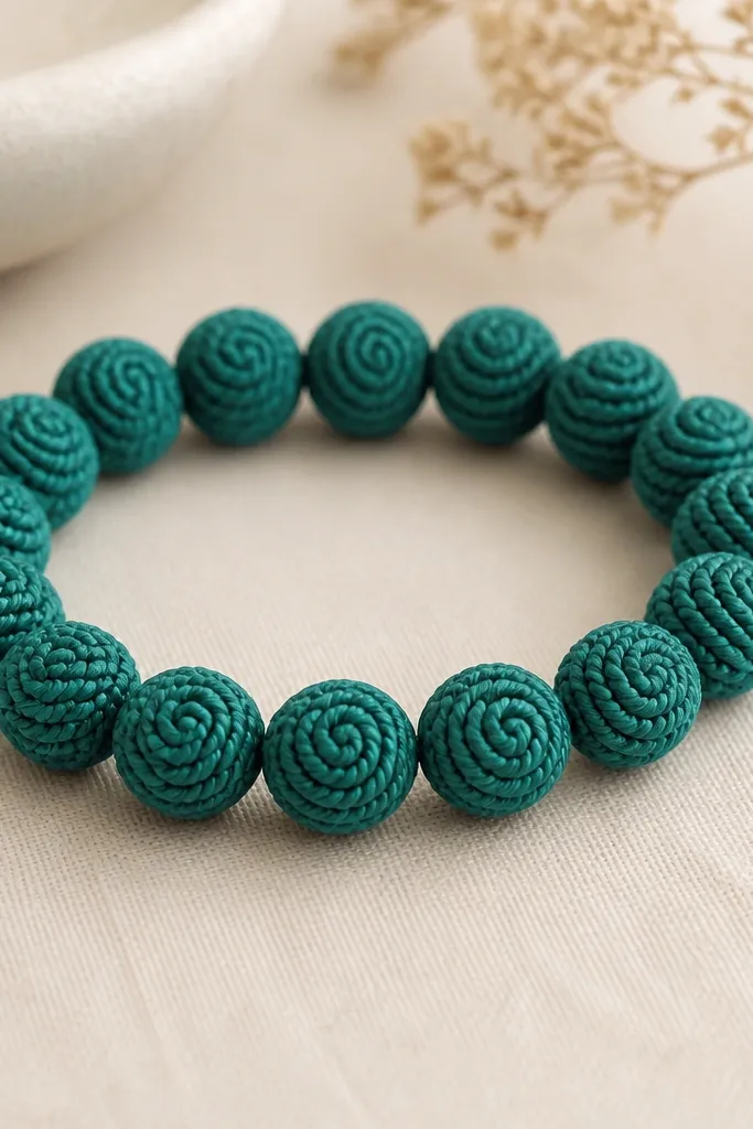 A bracelet where each bead looks like a mini rope coil, all in the same teal color; the coils show tight spirals and consistent thickness.
