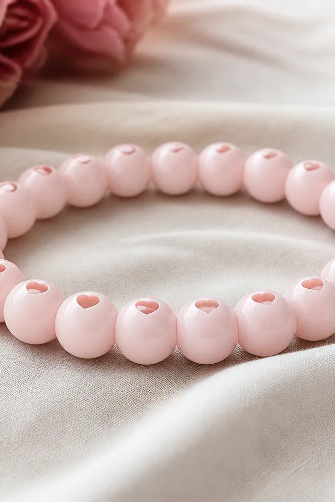 Blush pink bracelet beads with small heart-shaped cutouts near the top edge; hearts are slightly darker pink and show through as negative space.