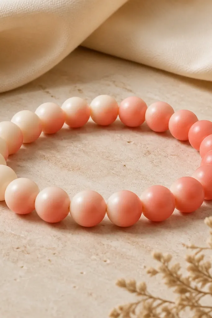 A gradient bracelet where each bead transitions from cream at one end to coral at the other; beads are smooth and gently satin-finished.