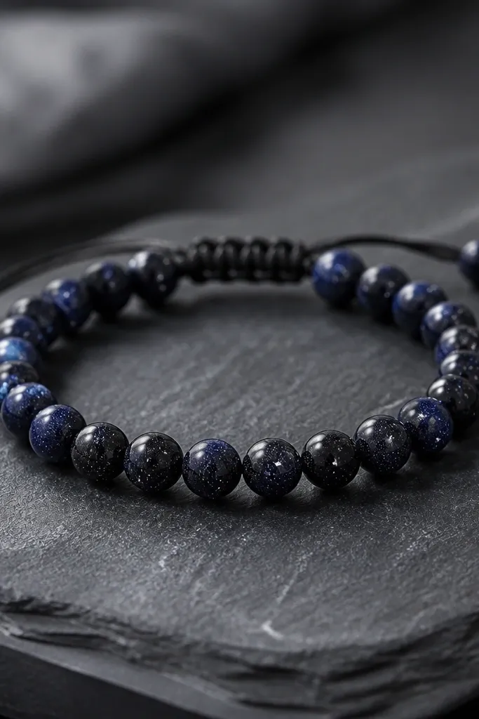 Dark navy and black speckled beads with tiny metallic silver specks and a few slightly larger star-like flecks; bracelet is on dark cord.