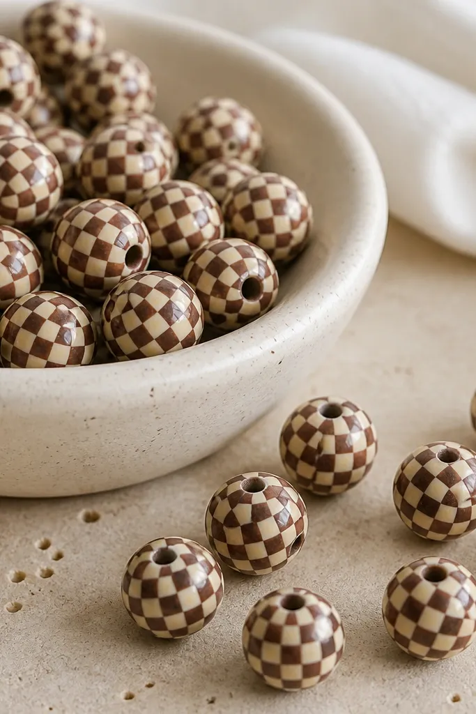 Beads with a small checkerboard pattern alternating chocolate brown and cream squares; each bead shows crisp tiny squares and a uniform hole.
