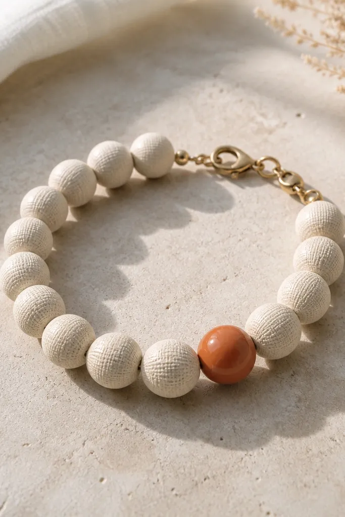 A bracelet with off-white beads that have a linen-like texture pattern; one bead near the clasp is burnt orange and smooth.