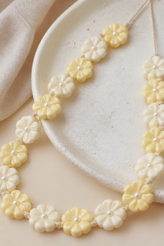 Flat flower-shaped beads in pale yellow and cream with raised petals; each flower has a small pearl-like dot in the center; strung on light beige cord.