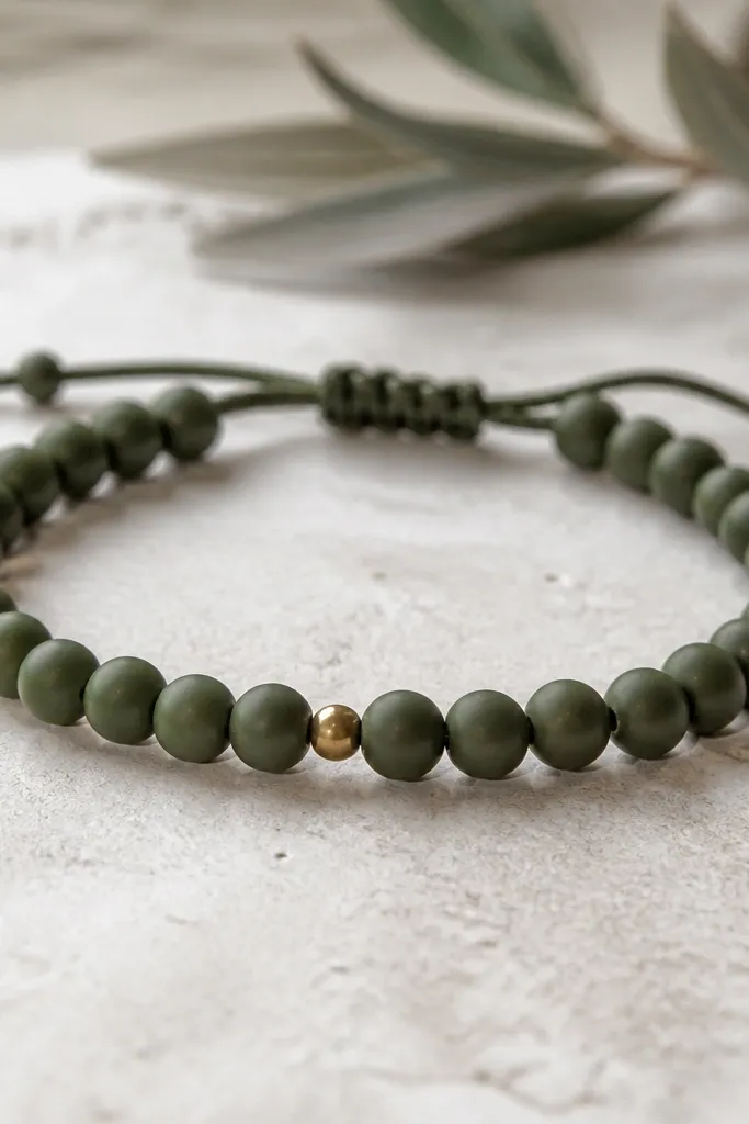 A monochrome bracelet in deep olive with matte-finished beads; a small brass spacer bead separates the center section; closure is simple.