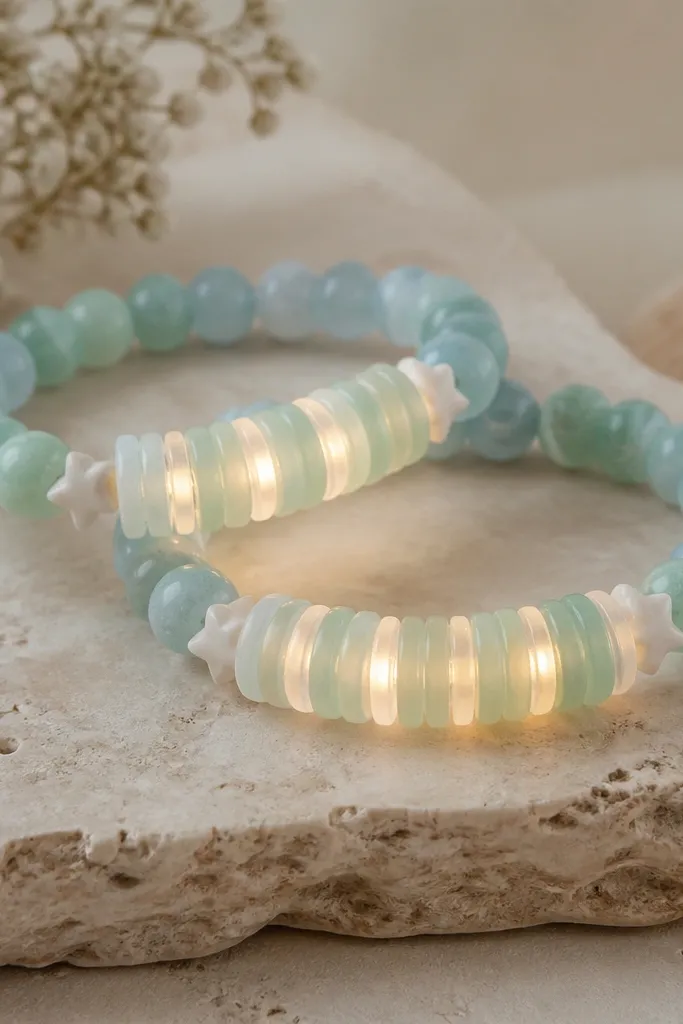 Two bracelets with translucent seafoam, pale blue, and mint clay beads. A warm white LED line follows a gentle arc through the middle beads. Small white star-shaped clay spacers appear between bead clusters.