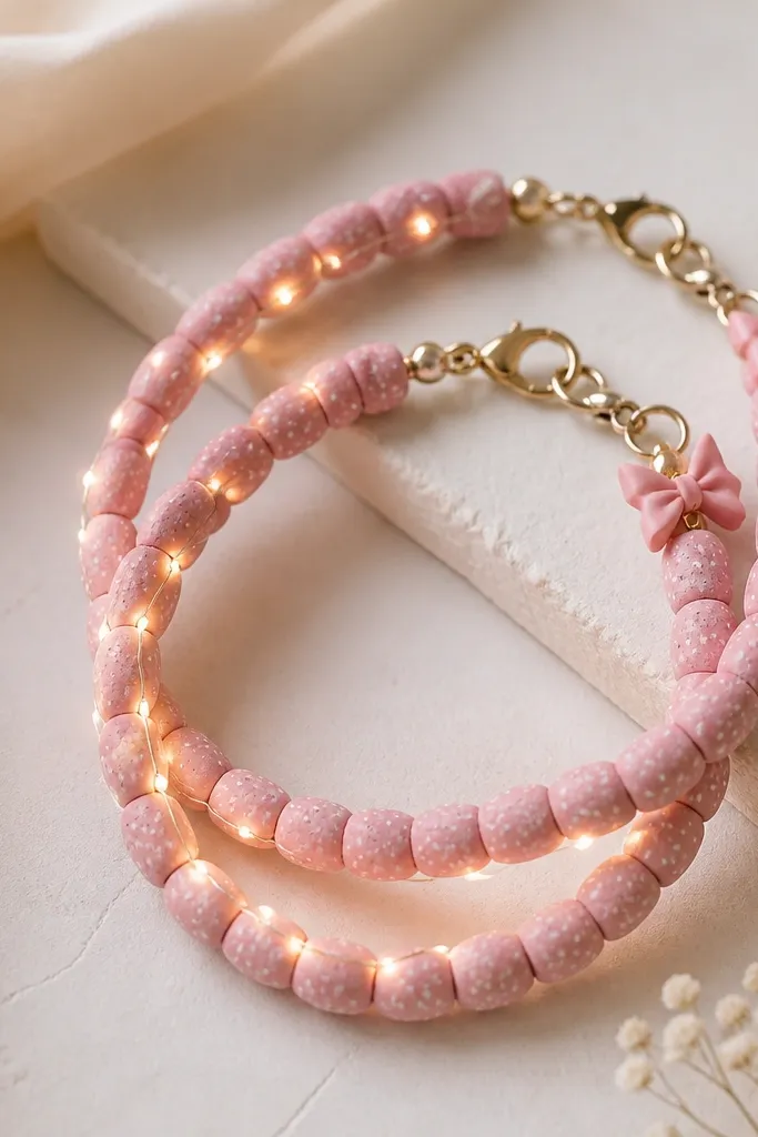 Two bracelets with pink clay beads speckled with tiny white dots. A warm white LED strand runs like a sprinkle trail along one side of the bracelet. A small pink bow charm sits near the clasp.