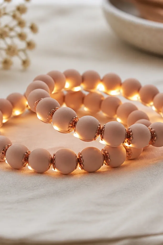 Two rose-gold tinted clay bead bracelets with 10mm beads and a single copper-colored wire spine. Warm white LEDs are tucked along the spine between beads, with copper bead caps hiding the wire ends.