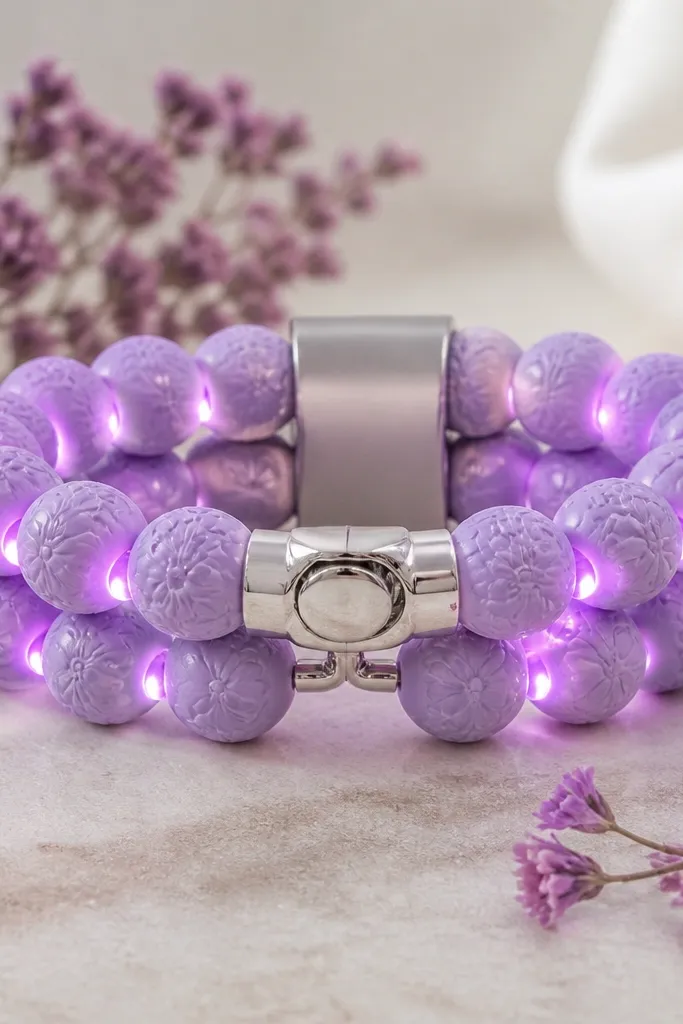 Two bracelets featuring lavender 8mm clay beads with subtle flower imprint texture. Purple LEDs glow through spaces between beads like petal highlights. A silver clasp sits centered with a hidden battery pack behind the clasp band.