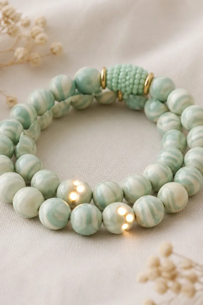 Two bracelets with mint and cream swirl clay beads, 8mm each. LEDs appear as small dot clusters at three points on the bracelet instead of a full line. The clasp area is wrapped in a mint bead cap.