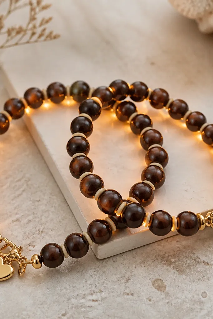 Two bracelets in deep chocolate brown with 10mm beads and small cream spacers. Amber LEDs run in a gentle ribbon along the inner curve of the bracelet. A small gold heart charm sits near the clasp.