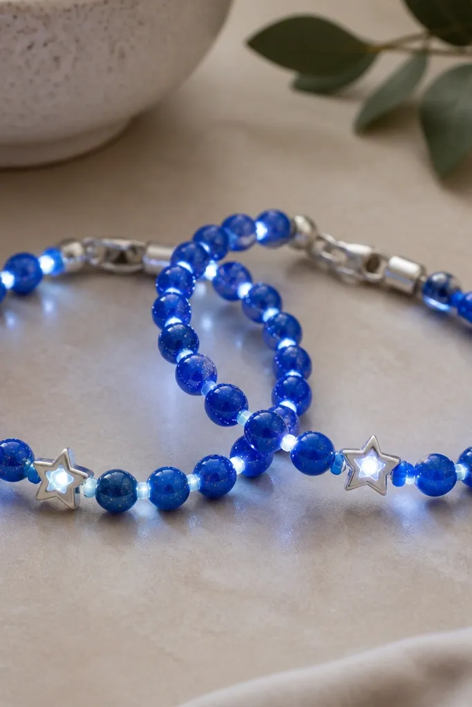 Two bracelets featuring cobalt blue 7mm clay beads with tiny silver glitter particles. Silver-white LEDs run straight down the bracelet center. A star-shaped bead sits between LED bulbs near the clasp.