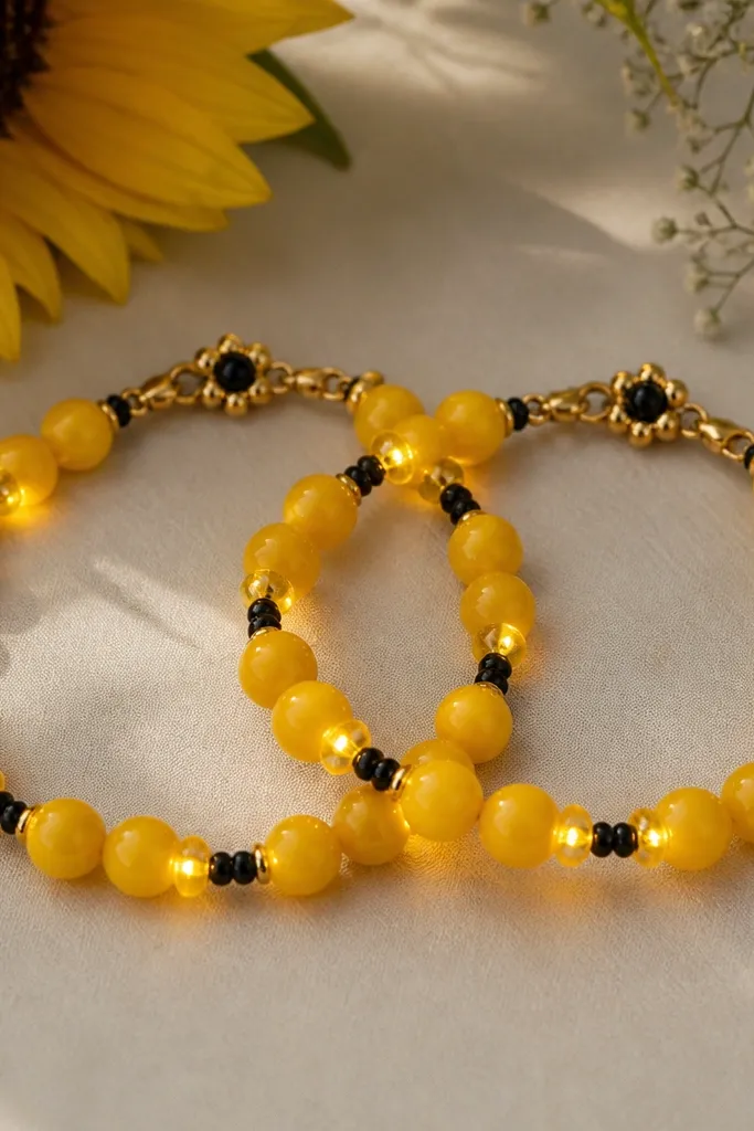 Two bracelets with sunflower yellow 9mm beads and small black seed bead accents. Golden LED bulbs glow in a circle pattern between bead groups. A tiny black bead imitates a sunflower center near the clasp.