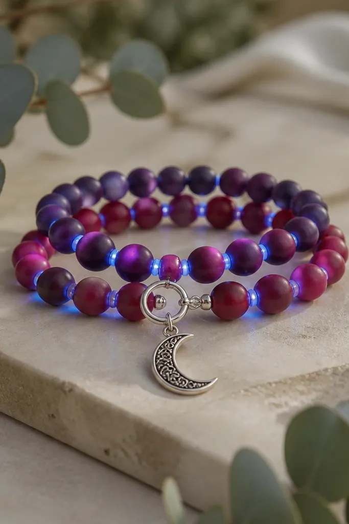 Two bracelets with mixed berry clay beads: deep purple, magenta, and berry red. Blue LEDs glow between beads like night highlights. A small silver moon charm sits at the center clasp.