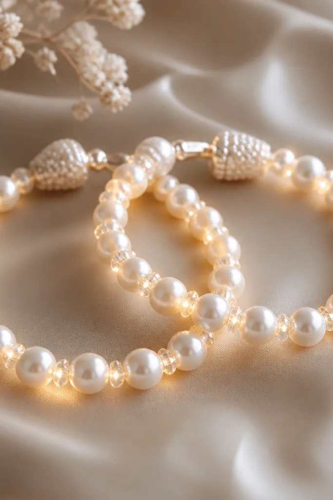 Two bracelets with pearl white 8mm beads and tiny round clear bead spacers. Warm white LEDs run continuously like a bubble strand. The battery pack is hidden under a pearl bead cap at the clasp.