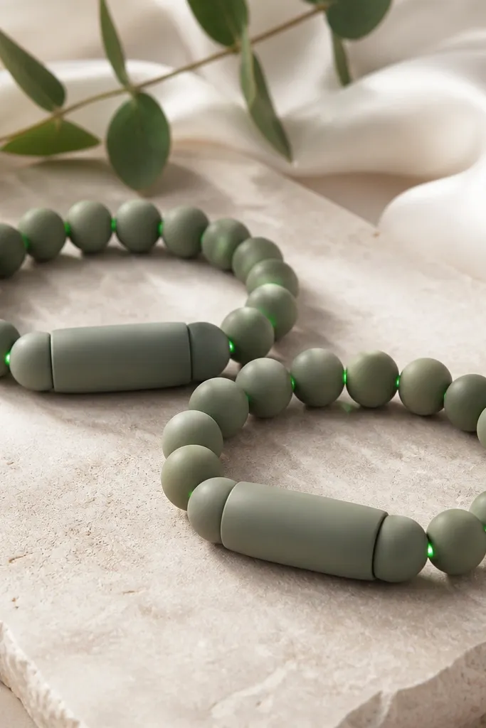 Two bracelets made of matte sage 9mm clay beads. Green LEDs hide along the side edge, barely visible until the bracelet catches light. The clasp side has a flat clay cover panel with a hidden battery.