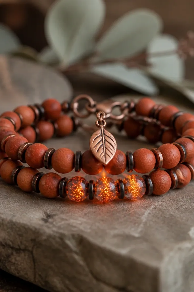Two bracelets with terracotta 8mm beads and darker burnt umber spacers. Ember LEDs create a flicker effect in the center. A small copper leaf charm sits above the clasp line.