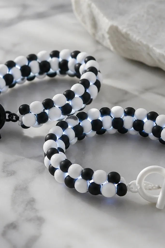 Two bracelets with alternating black and white 7mm clay beads in a checker pattern. Cool white LEDs run through the center, making a grid-like glow. A black toggle clasp sits on one bracelet, a white one on the other.