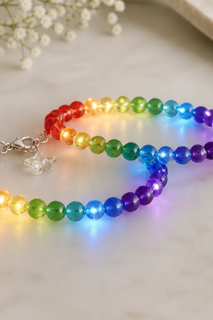 Two bracelets with 6mm beads in a rainbow gradient from red to violet. Multi-color LEDs create a staircase glow pattern across the bracelet. Each bracelet has a small clear star charm near the clasp.