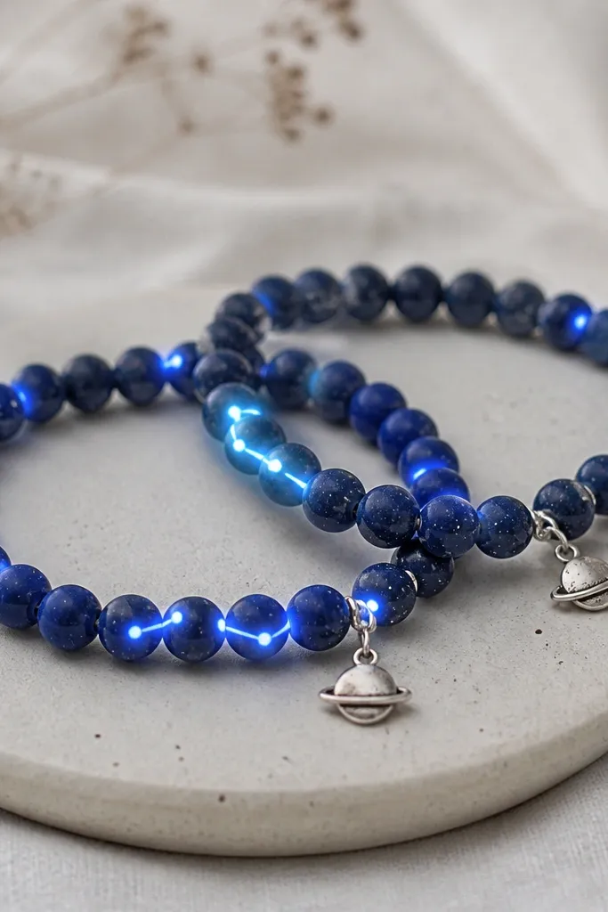 Two bracelets with dark navy clay beads that look speckled like stars. Blue LEDs light only certain bead gaps, forming constellation lines. A tiny silver planet charm hangs near the clasp.