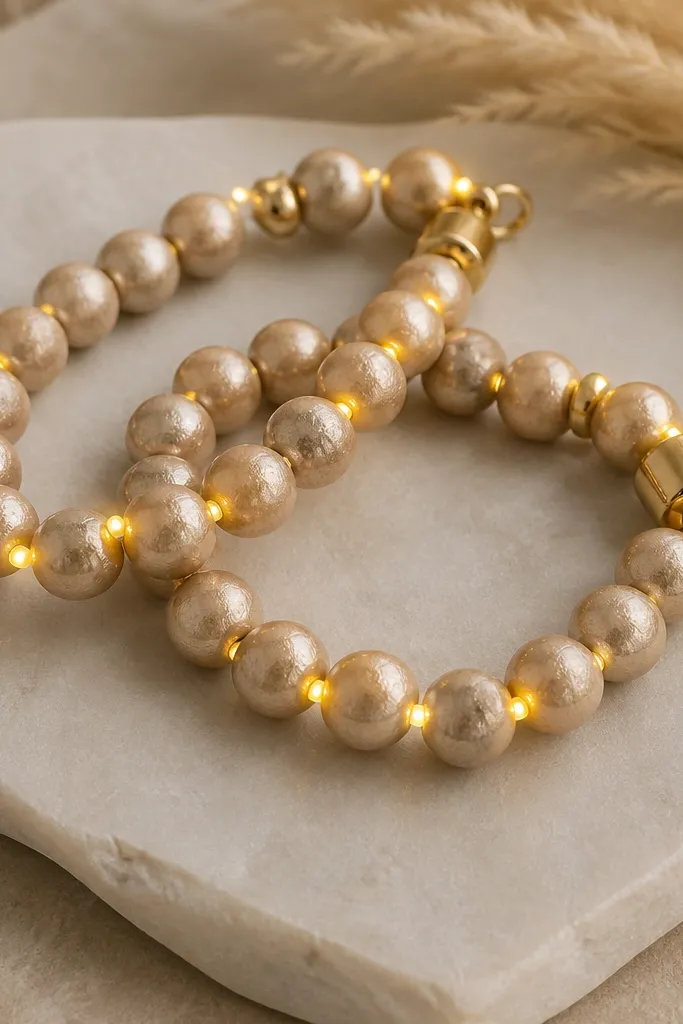 Two bracelets with champagne-toned clay beads, 10mm, with a subtle metallic sheen. Gold LEDs run in a single line down the center. The clasp area hides the battery pack under a gold bead cap and a small charm loop.