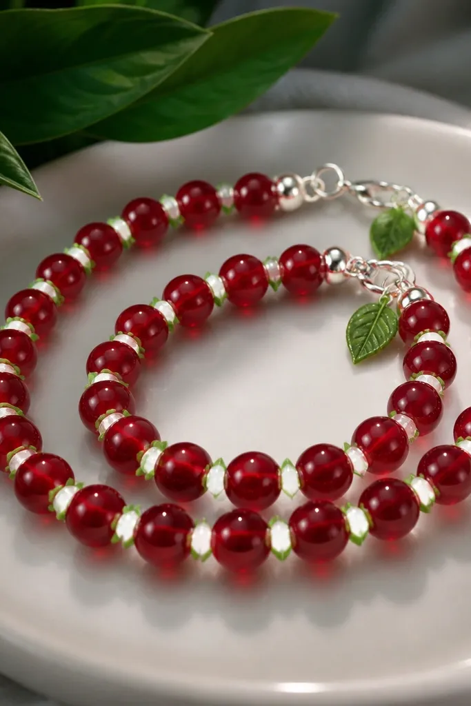 Two bracelets with cherry red 9mm beads and small green clay spacers shaped like stems. White LEDs sit behind the green stem spacers, glowing upward. A tiny green leaf charm rests by the clasp.