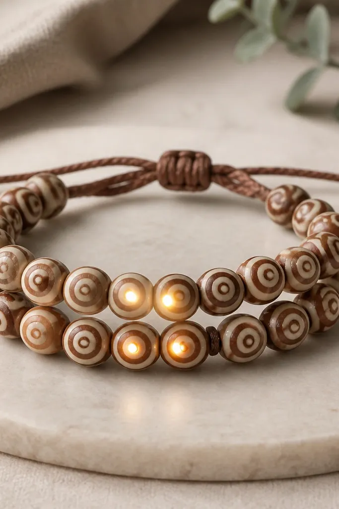 Two bracelets with cinnamon swirl clay beads in warm brown and cream. LEDs appear in a small arc near the center, positioned so they light up when the bracelet rotates. A small braided cord tie clasp is visible at the back.
