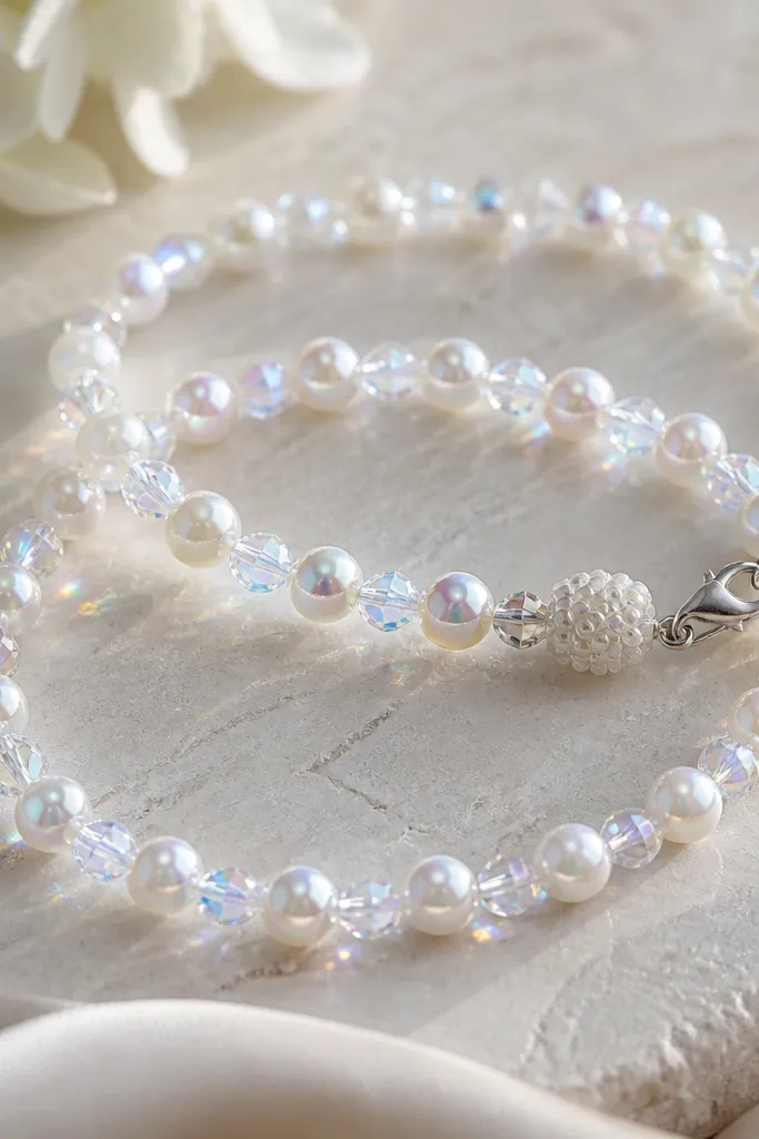 Two bracelets with pearl beads that have a subtle holographic sheen. LEDs are cool white, but the glow appears prismatic due to tiny clear prism spacers. A silver lobster clasp sits on a small bead cluster hiding the battery pack.