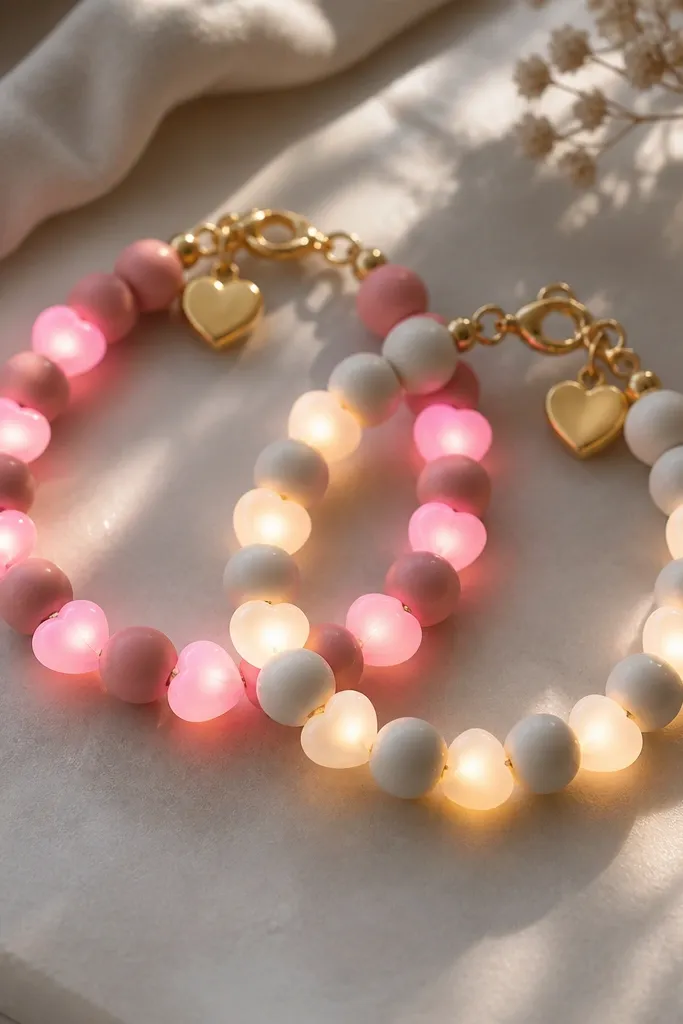 Two bracelets with alternating round clay beads and small heart-shaped clay beads in the same colors. LEDs glow behind the heart beads, forming a heartline pattern. A small heart charm sits at the clasp.