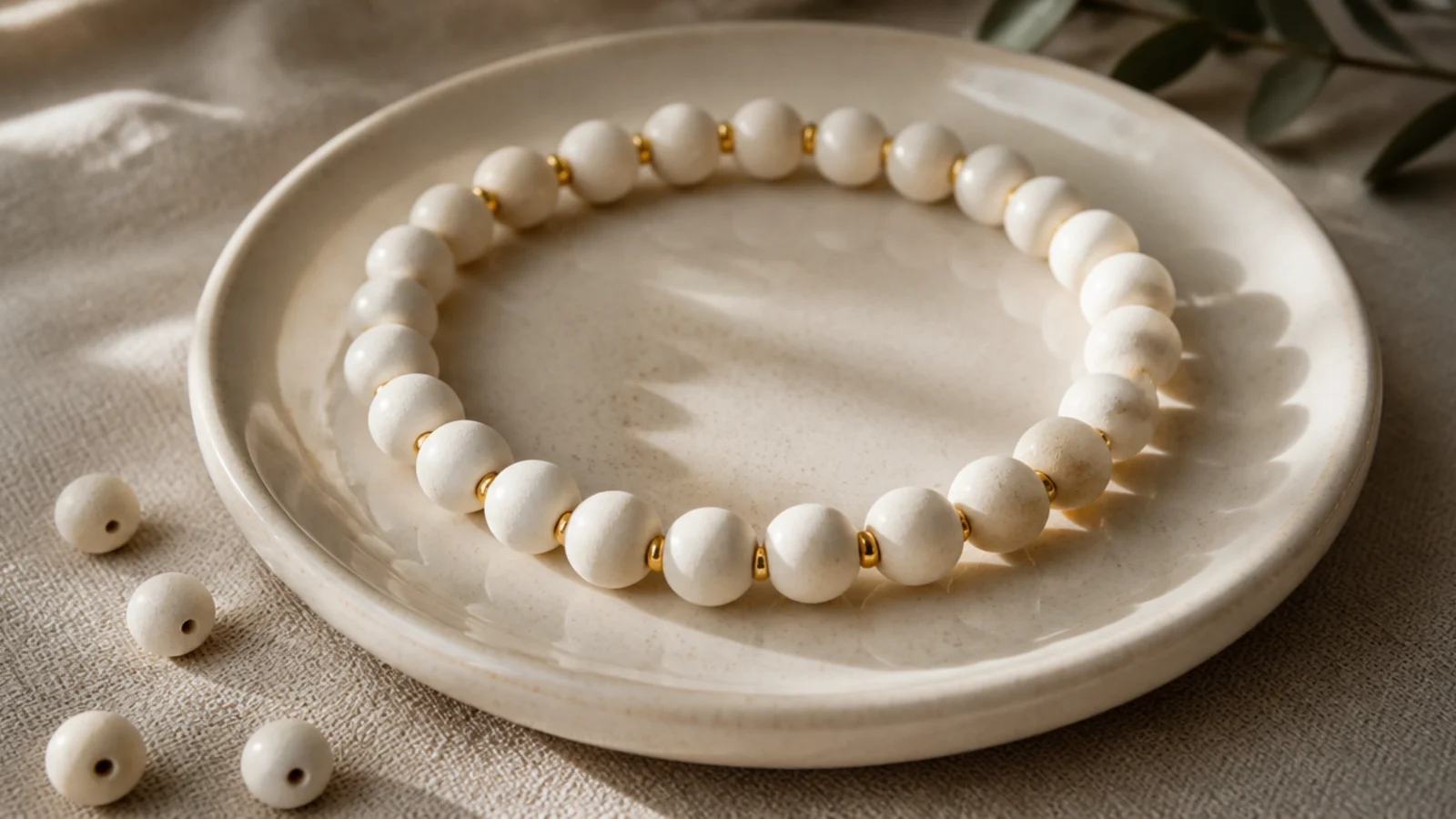 A cream clay bead bracelet with tiny gold spacers placed evenly, the simplest everyday design.