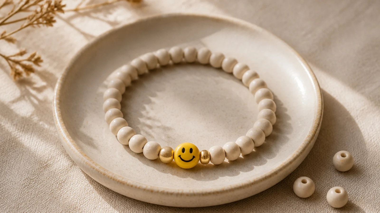 A cream clay bead bracelet with a single yellow smiley-face bead centered and a gold spacer on each side.
