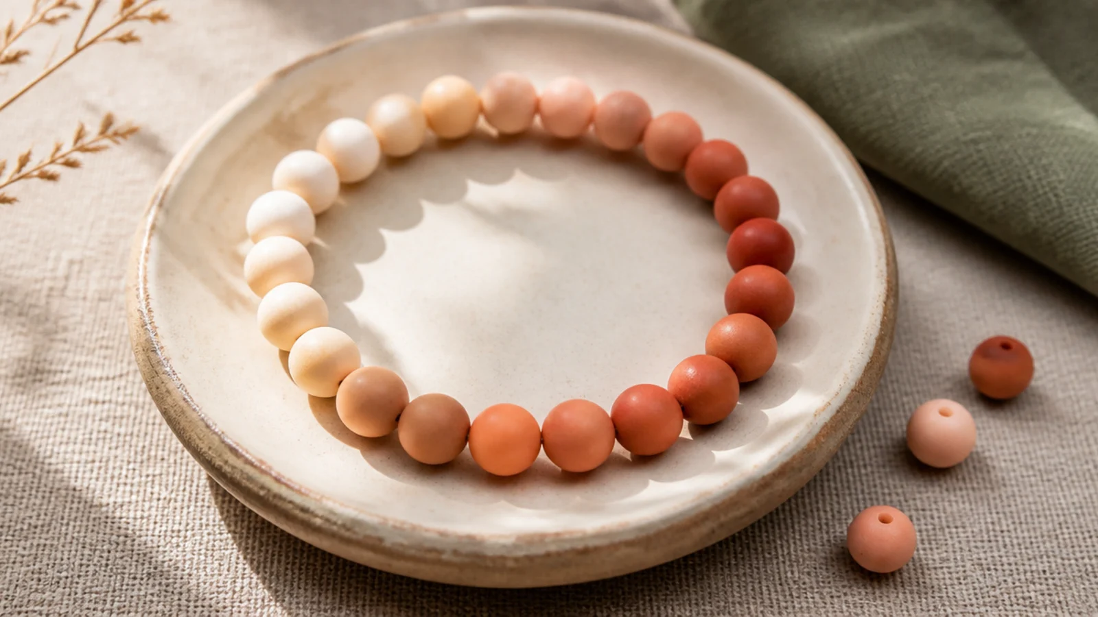 A clay bead bracelet fading from cream through peach and coral to warm terracotta in a smooth gradient.