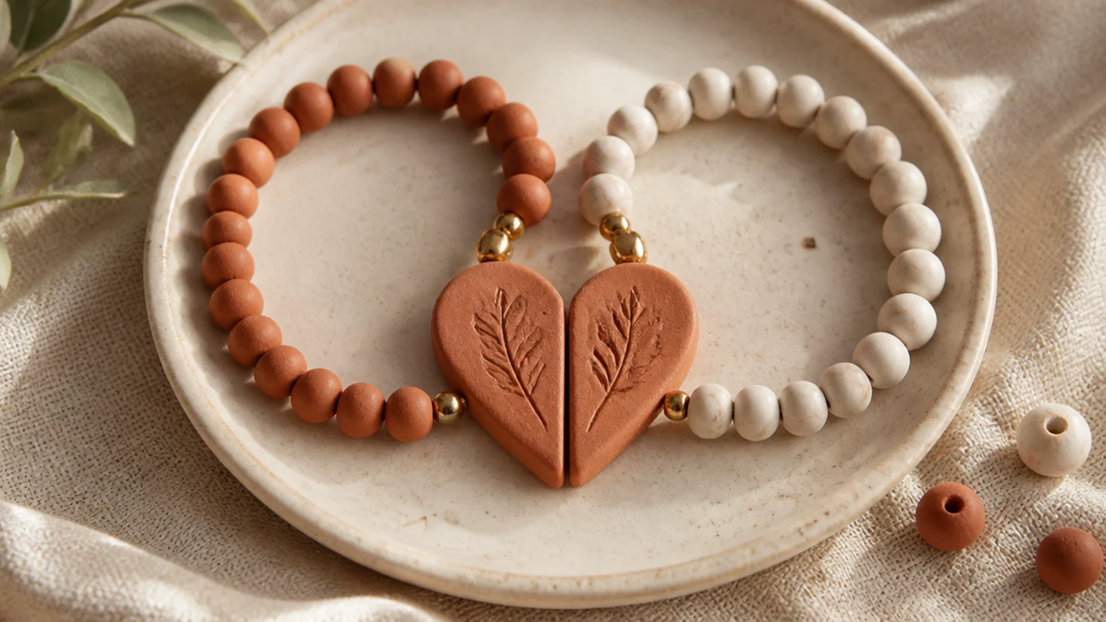 Two clay bead bracelets side by side, each holding half a heart focal that forms a whole heart together.