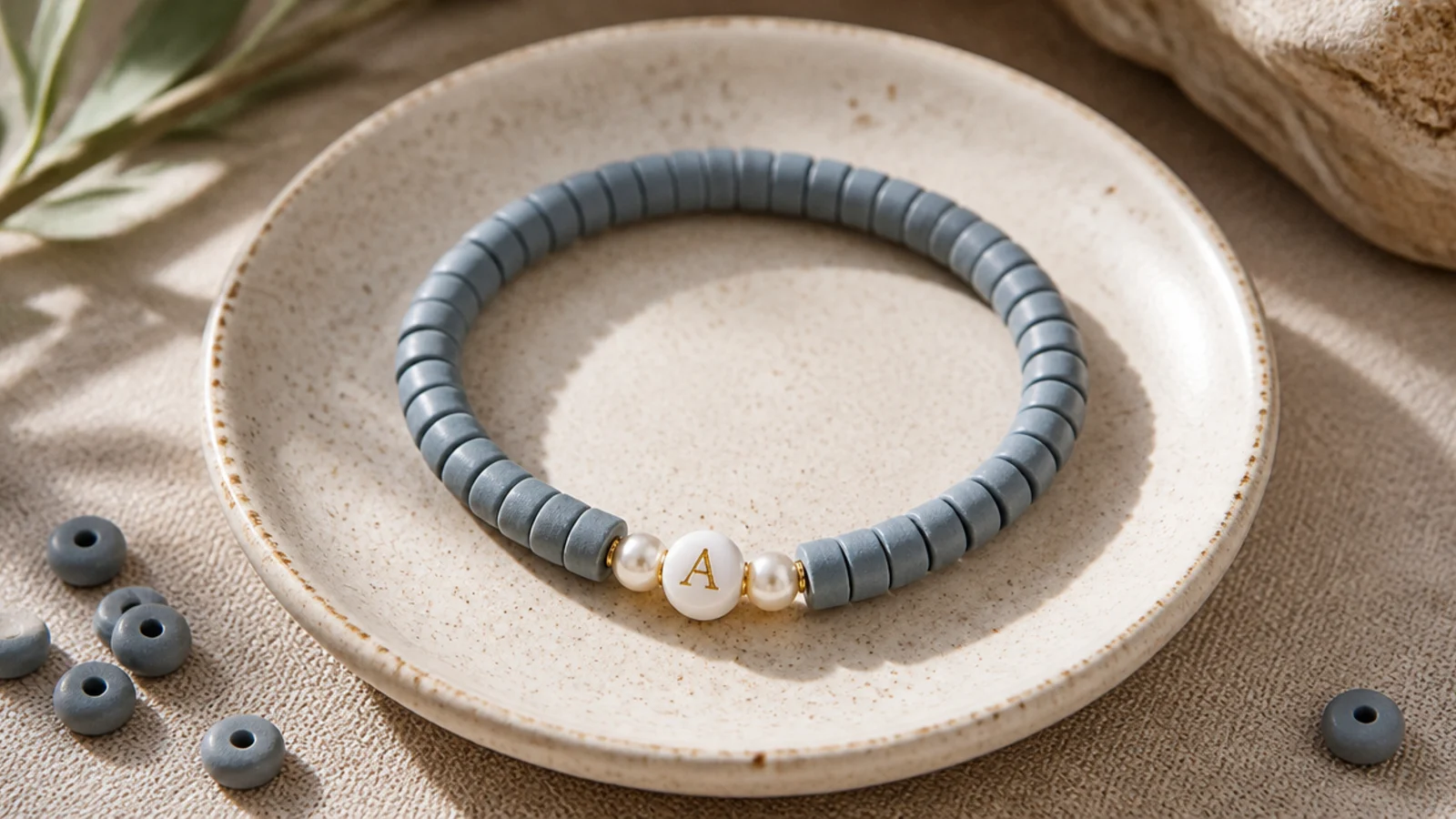 A dusty blue clay bead bracelet with a single white letter bead flanked by two small pearls.