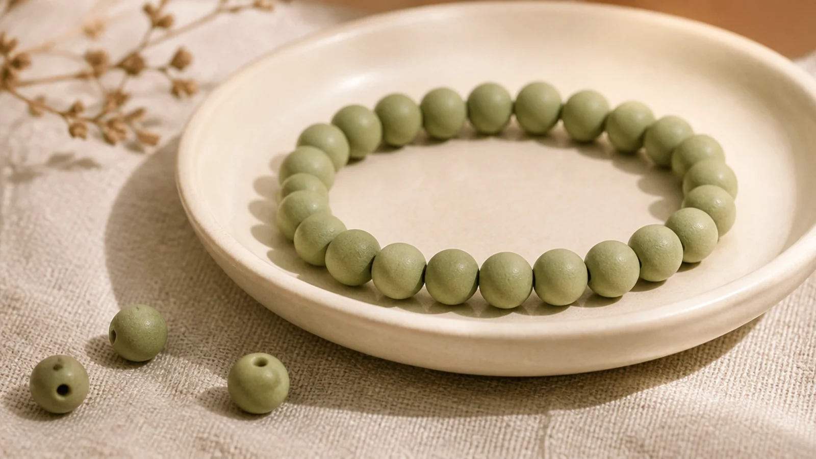 A solid soft sage clay bead bracelet with no accents, clean and understated.