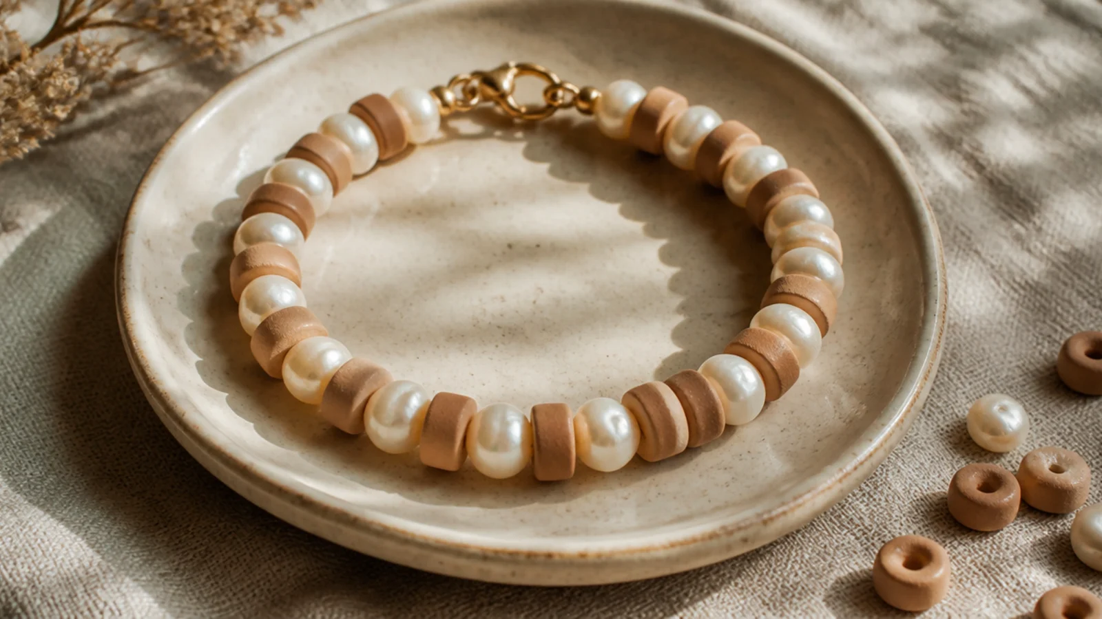 A neutral clay bead bracelet alternating matte discs with irregular freshwater-style pearls.