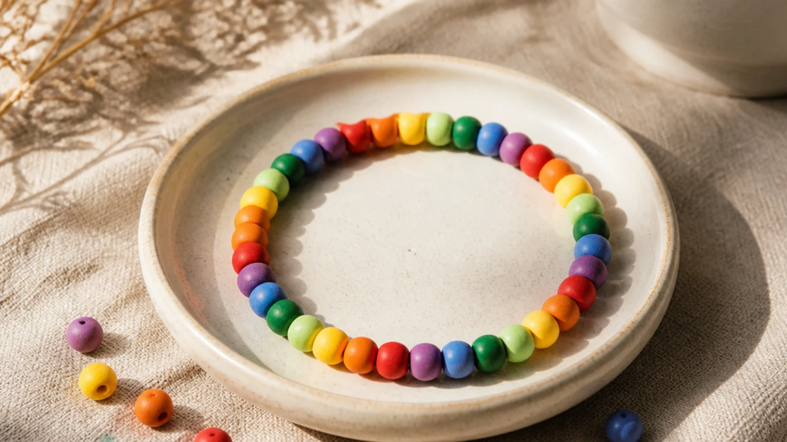 A clay bead bracelet strung in a cheerful rainbow color order, repeating around the band.