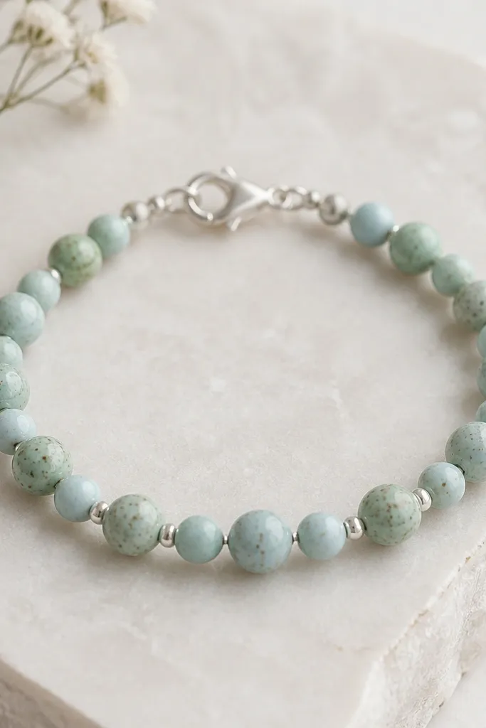 A bracelet showing speckled mint and pale aqua clay beads mixed sizes: 4mm rounds alternating with 6mm rounds. Tiny silver spacer beads sit between every other larger bead, and the bracelet has a silver lobster clasp.