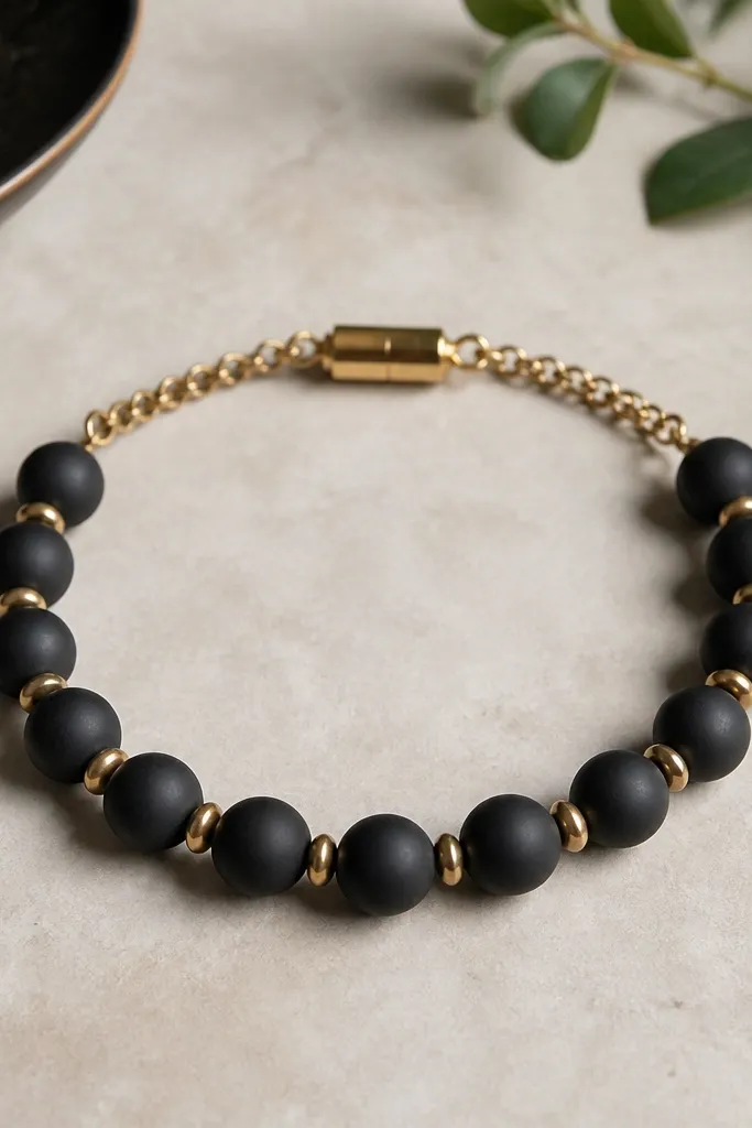 A dark bracelet with large matte black clay beads (8mm) separated by small brass disc beads (3mm) and a thin gold chain segment near the clasp. The clasp is a gold magnetic clasp, and the bracelet sits flat in the photo.