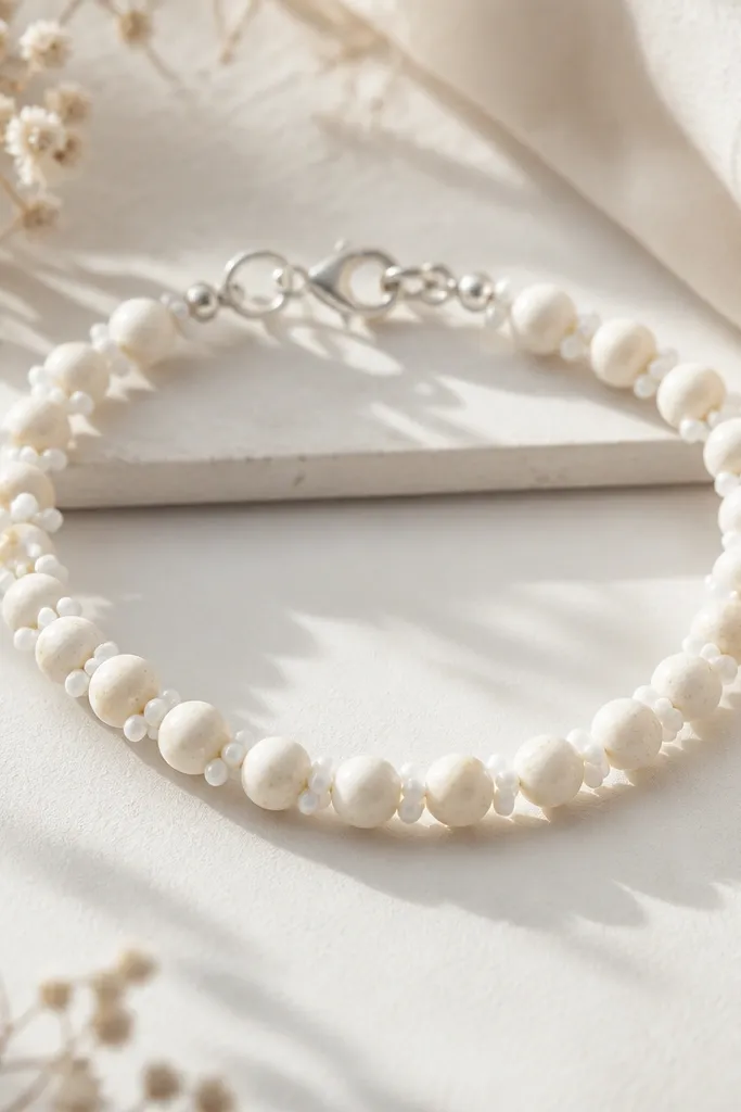 A bracelet with cream-colored clay beads in 6mm rounds. Between most beads are tiny white 2mm seed beads that create a soft halo effect. The clasp is silver and the overall piece looks light and airy.