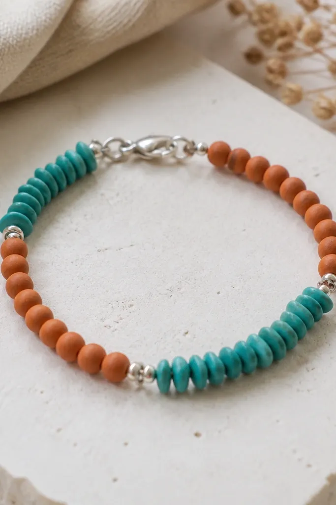A bracelet combining terracotta 5mm round beads and turquoise 4mm chip-shaped clay beads. The chips show irregular edges and a matte finish. There are small silver jump rings that separate sections, and the clasp is a simple silver clasp.