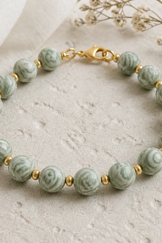 A bracelet made from marbled sage clay beads (8mm) with swirls of pale green and off-white. Between each bead is one slim gold spacer bead, and the bracelet has a gold clasp.