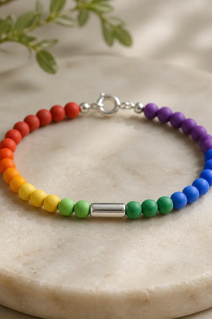 A short bracelet made of matte 4mm clay beads in a smooth rainbow order. A small silver bar charm sits at the center front. The clasp is a small silver spring ring.
