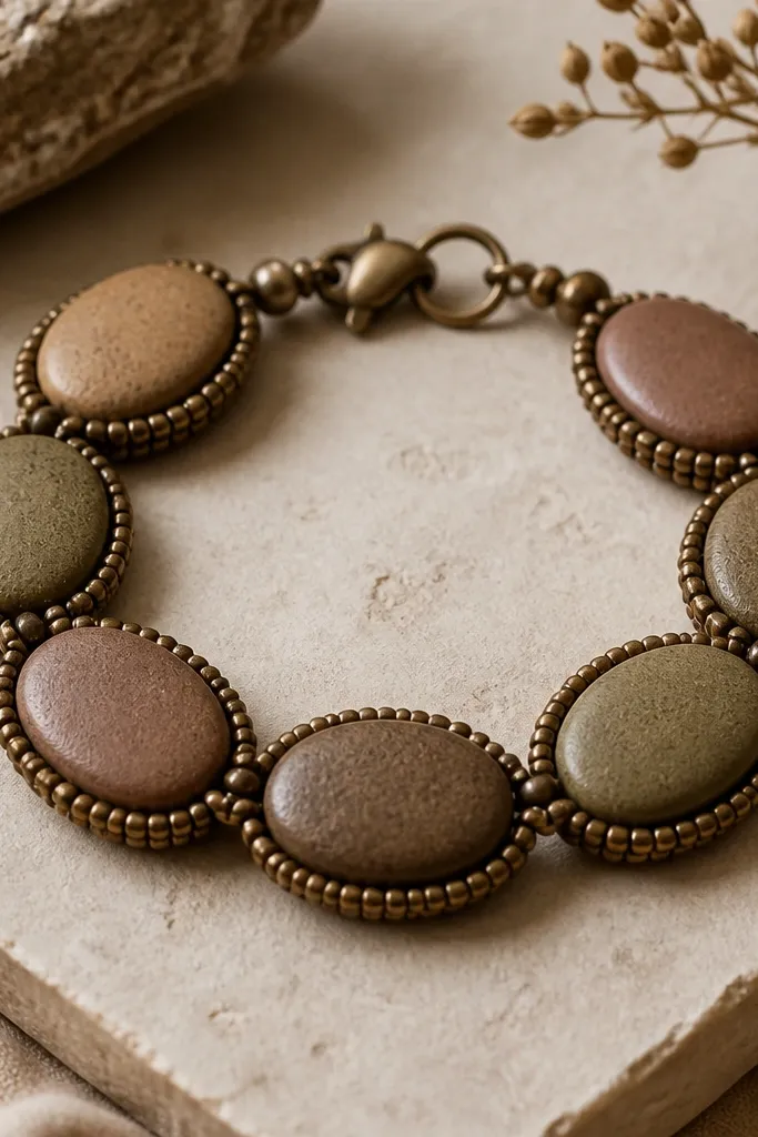A bracelet with large 10mm flat clay oval beads in muted browns and olive tones. Between the ovals are thin borders of tiny seed beads that frame each oval. The clasp is bronze and the overall look is warm and grounded.
