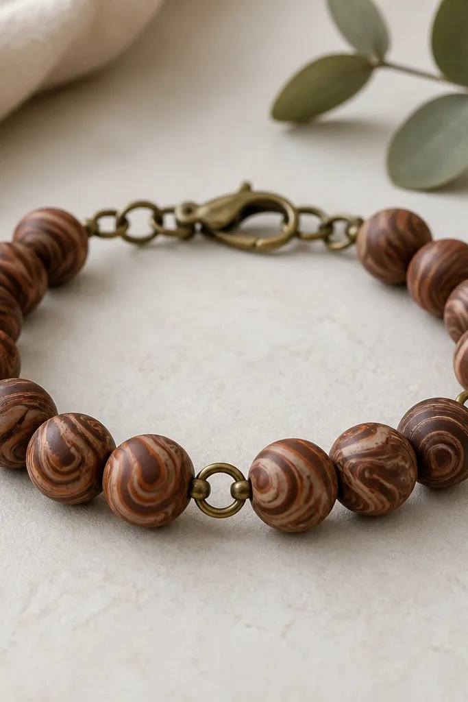 A bracelet with brown clay beads that have swirl patterns like chocolate marbling. Bronze jump rings appear between bead groups, and the clasp is a bronze lobster clasp. The bracelet front shows two distinct clusters separated by the jump rings.