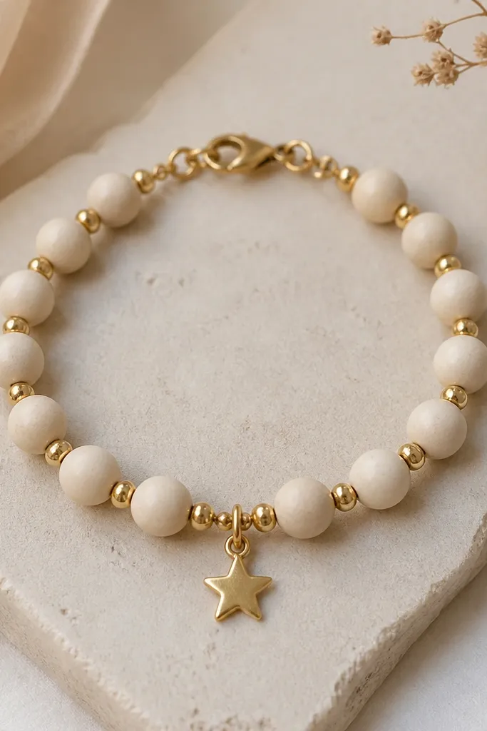 A cream bracelet made from 6mm cream clay beads. Between each bead are a few 2mm gold seed beads, and at the center there's a small star charm on a tiny jump ring. The clasp is gold.